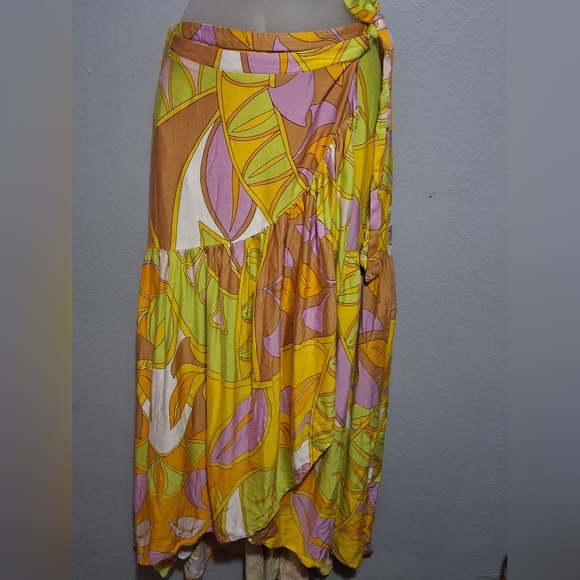 Rachel Zoe Yellow Brown Wrap Midi Skirt Casual - Picture 2 of 7